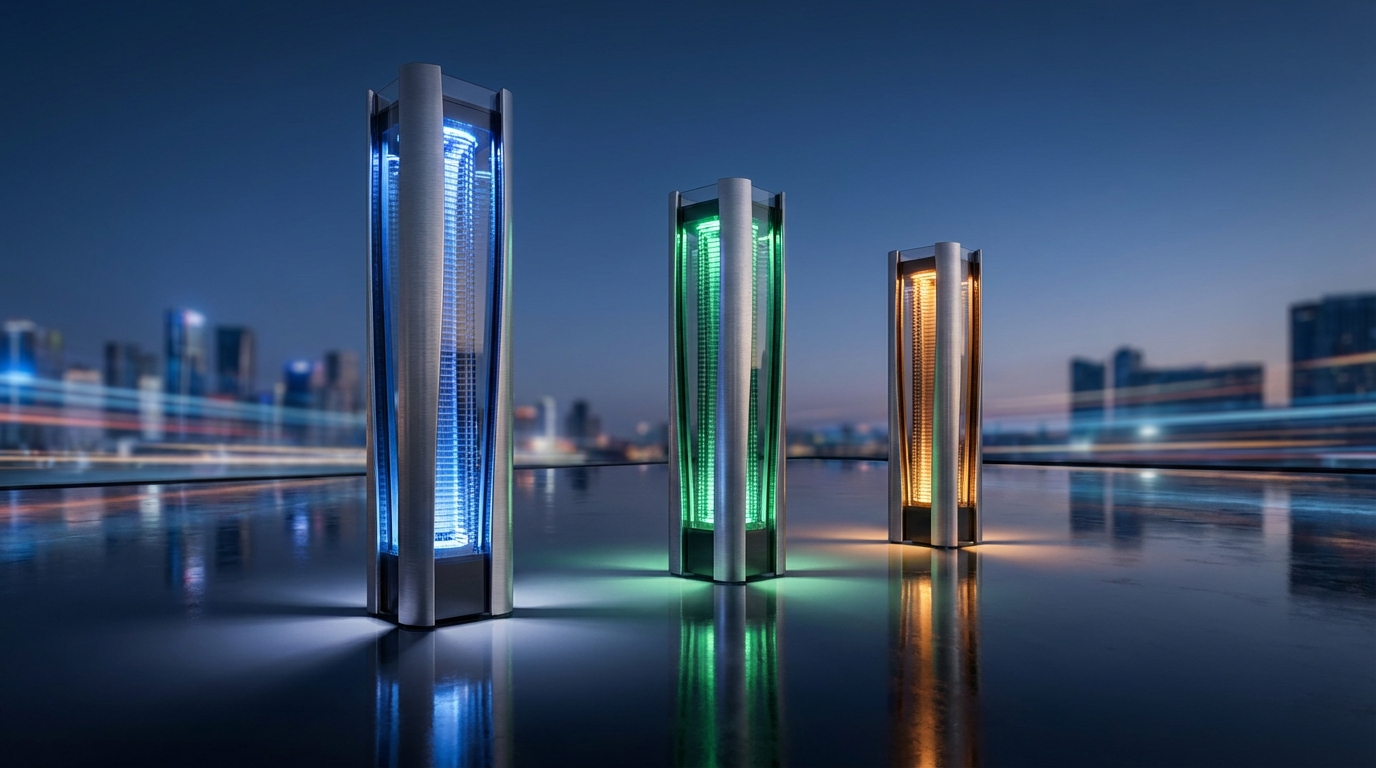 세 개의 빛나는 타워가 AI 경쟁을 상징하는 이미지, AI generated