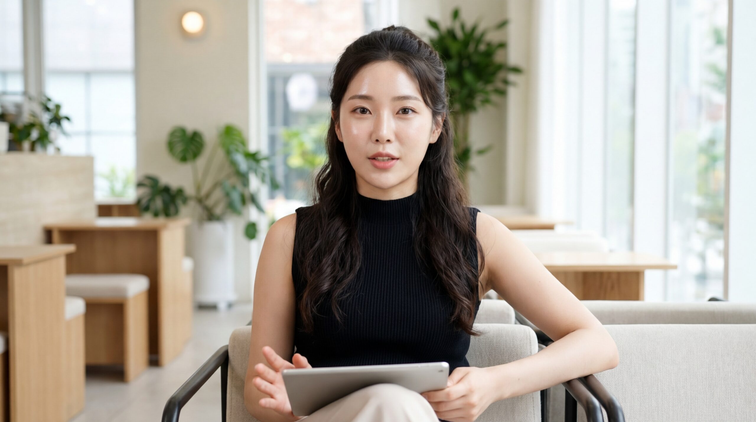 태블릿을 들고 AI 도구를 설명하는 여성, AI generated