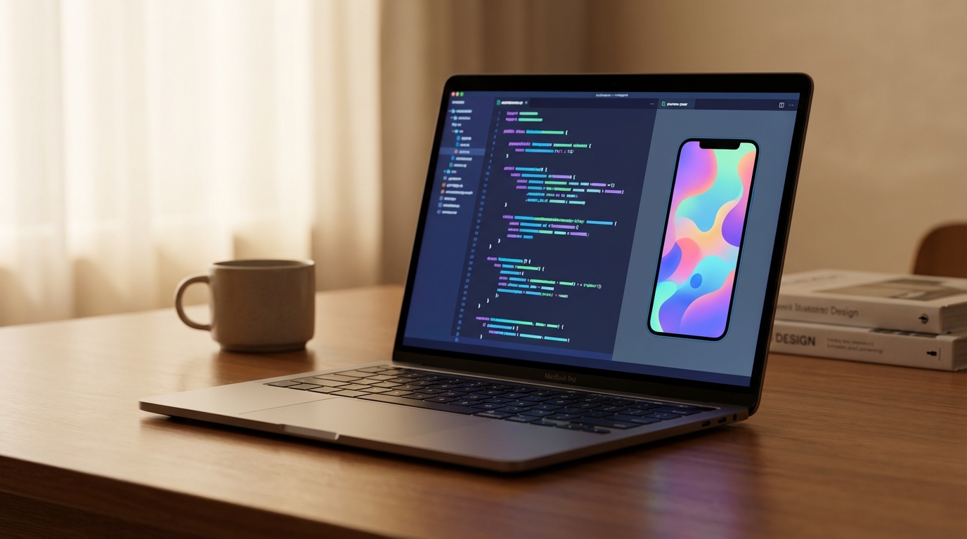 AI generated - 노트북 화면에 코드와 앱 미리보기가 나란히 보이는 모던 워크스페이스