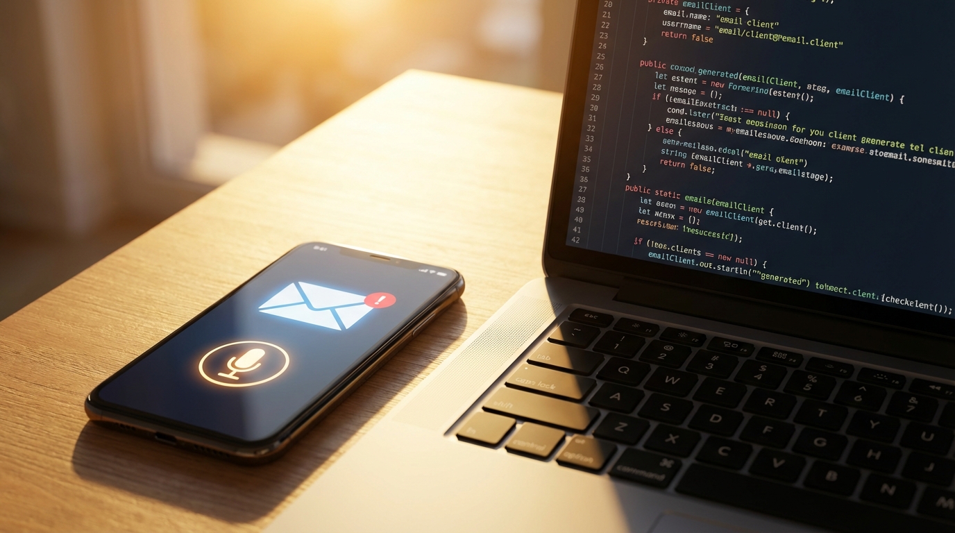 AI generated - 스마트폰에 이메일 알림이 뜨고 옆에 노트북 코드 화면이 보이는 장면