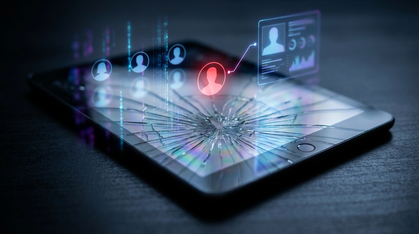 AI generated - 깨진 화면 위에 익명 아바타들이 실명 프로필과 연결되는 개념 이미지