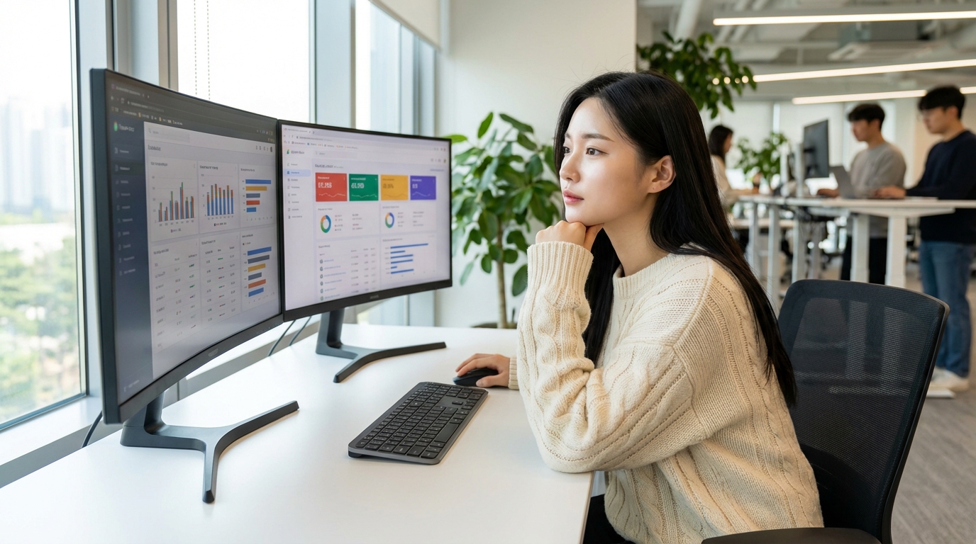 AI 모델 벤치마크 결과를 분석하는 여성, AI generated