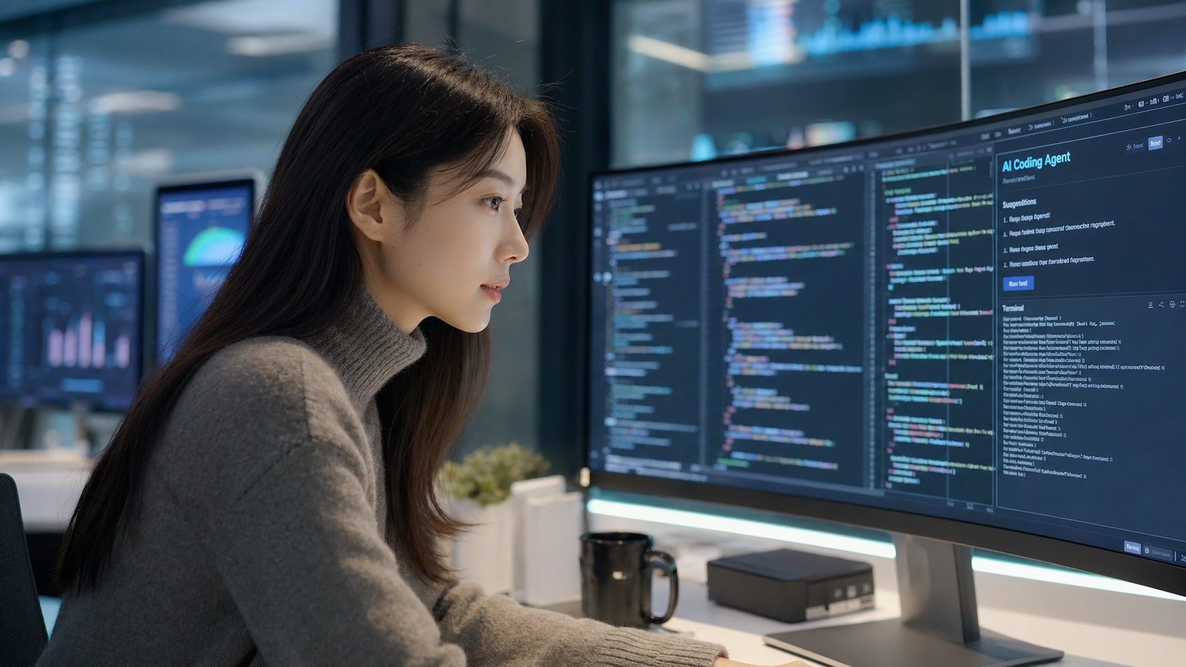 한국 여성 개발자가 듀얼 모니터에서 코드와 AI 코딩 에이전트를 다루는 모습, AI generated