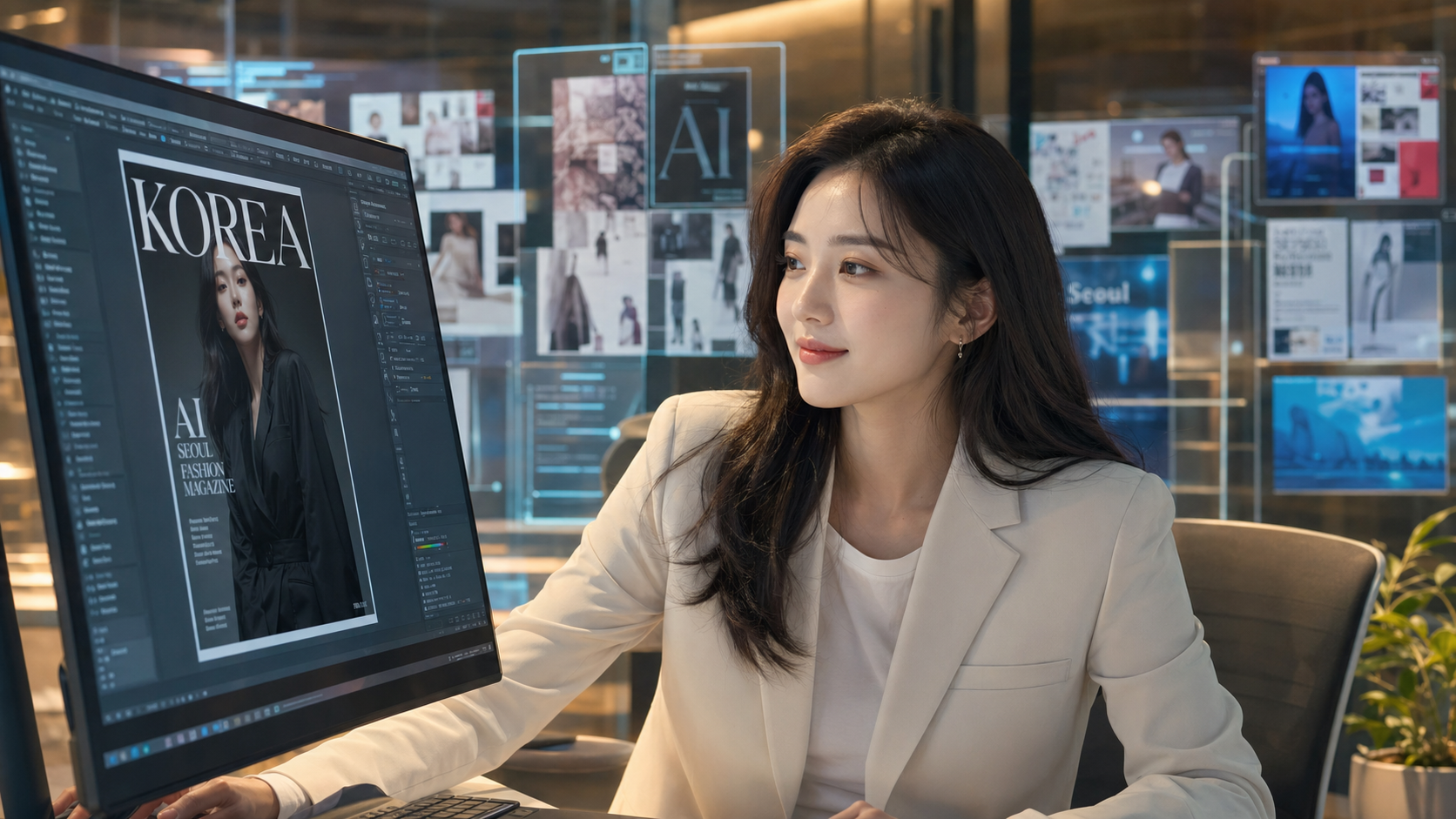 한국 여성 마케터가 모니터에서 매거진 디자인을 검토하는 모습, AI generated