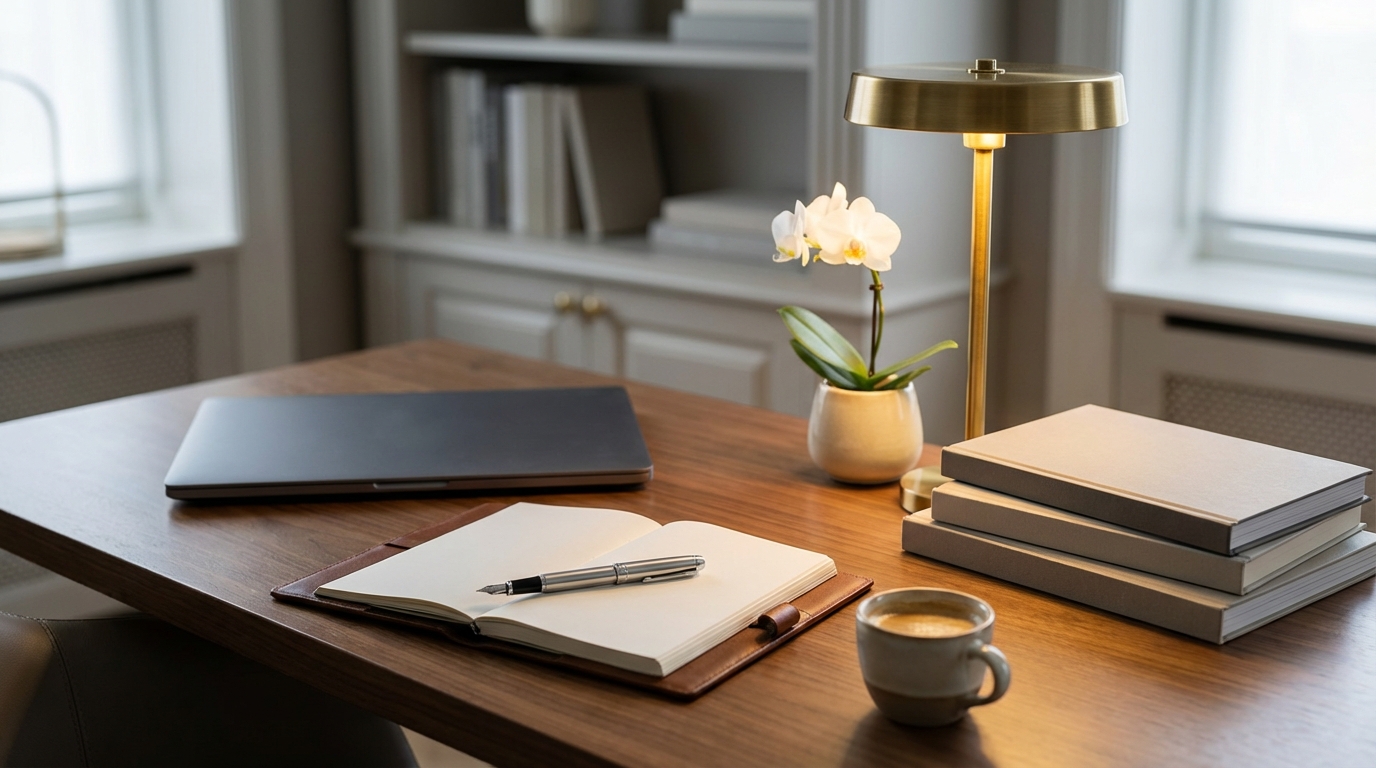 정돈된 책상 위 노트북과 만년필 노트, AI generated