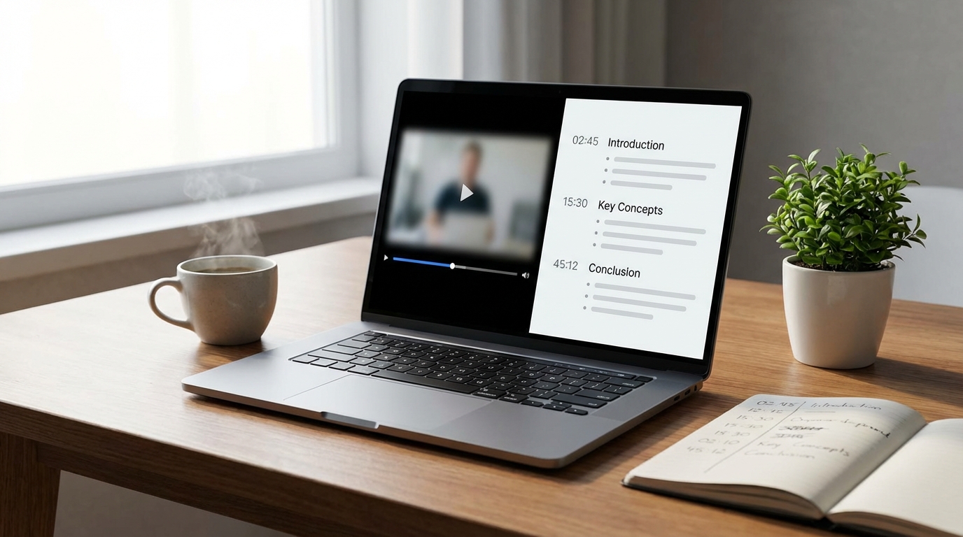 노트북 화면에 유튜브 영상과 타임스탬프 노트가 함께 표시된 워크스페이스, AI generated