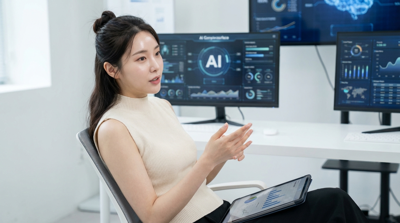 태블릿으로 AI 서비스를 이용하는 여성, AI generated