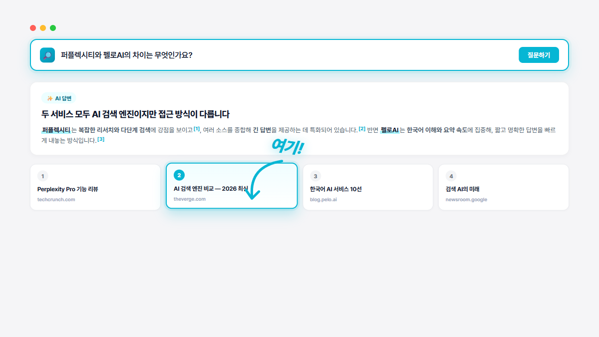 펠로AI 검색 결과 + 소스 카드 인터페이스 재현 이미지