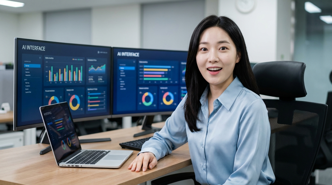 감마 AI 커스텀 테마를 설정하고 있는 여성, AI generated