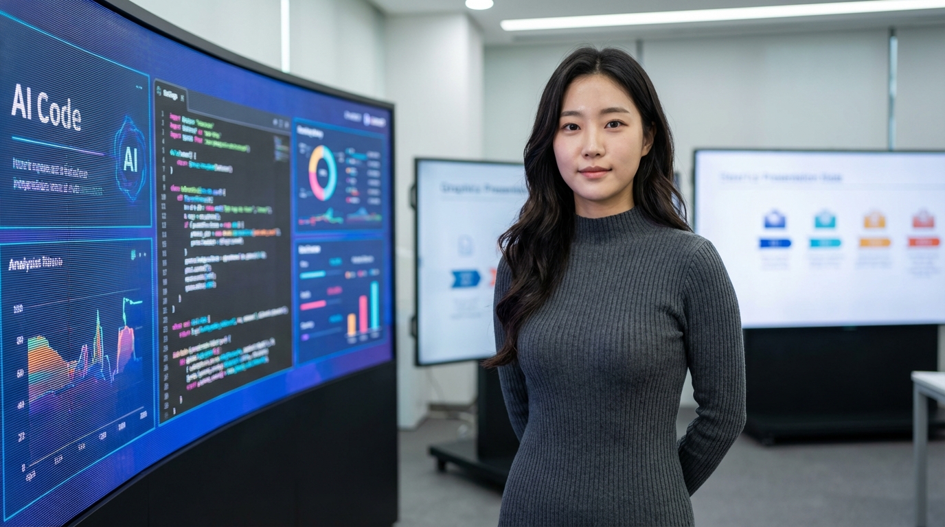 Vrew로 완성한 강의 영상을 확인하는 여성, AI generated