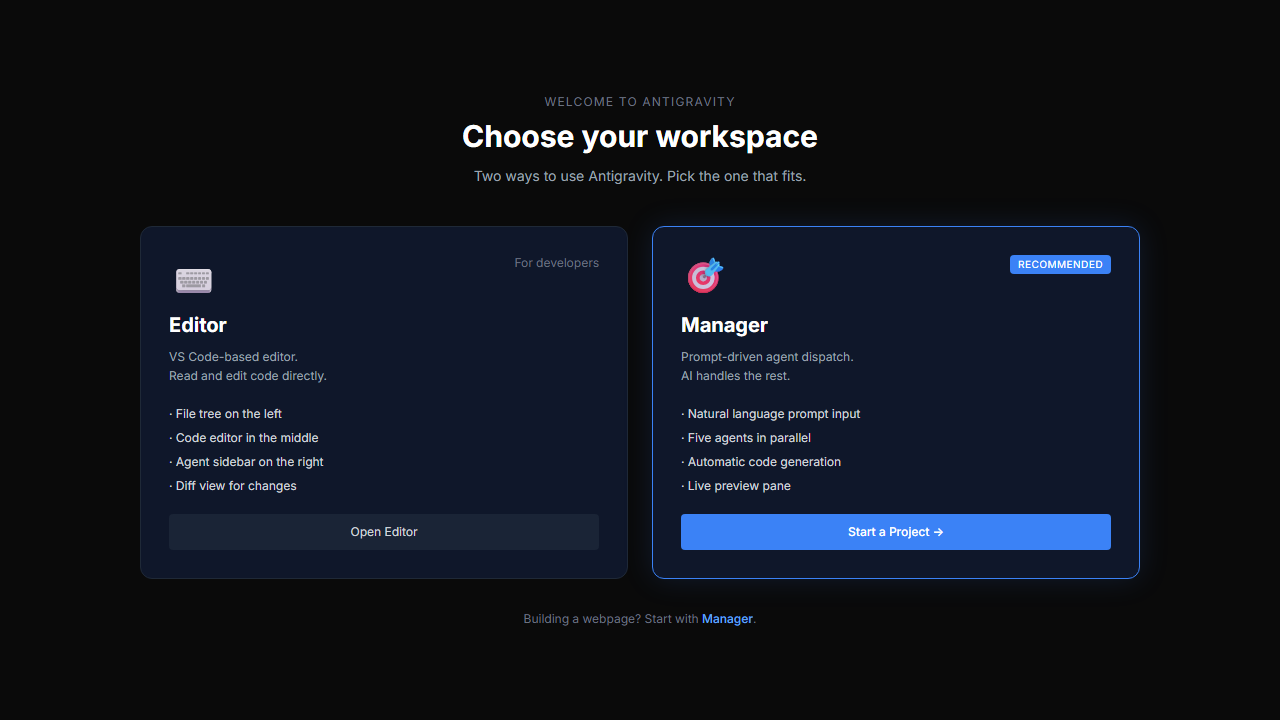 첫 실행 — Editor vs Manager 선택 화면, UI 목업, AI generated