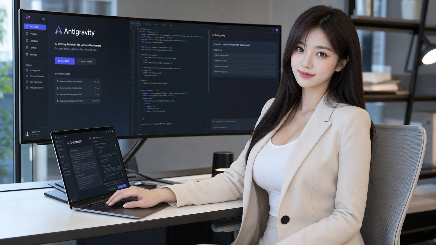 노트북 앞에서 안티그래비티로 작업 중인 모습, AI generated