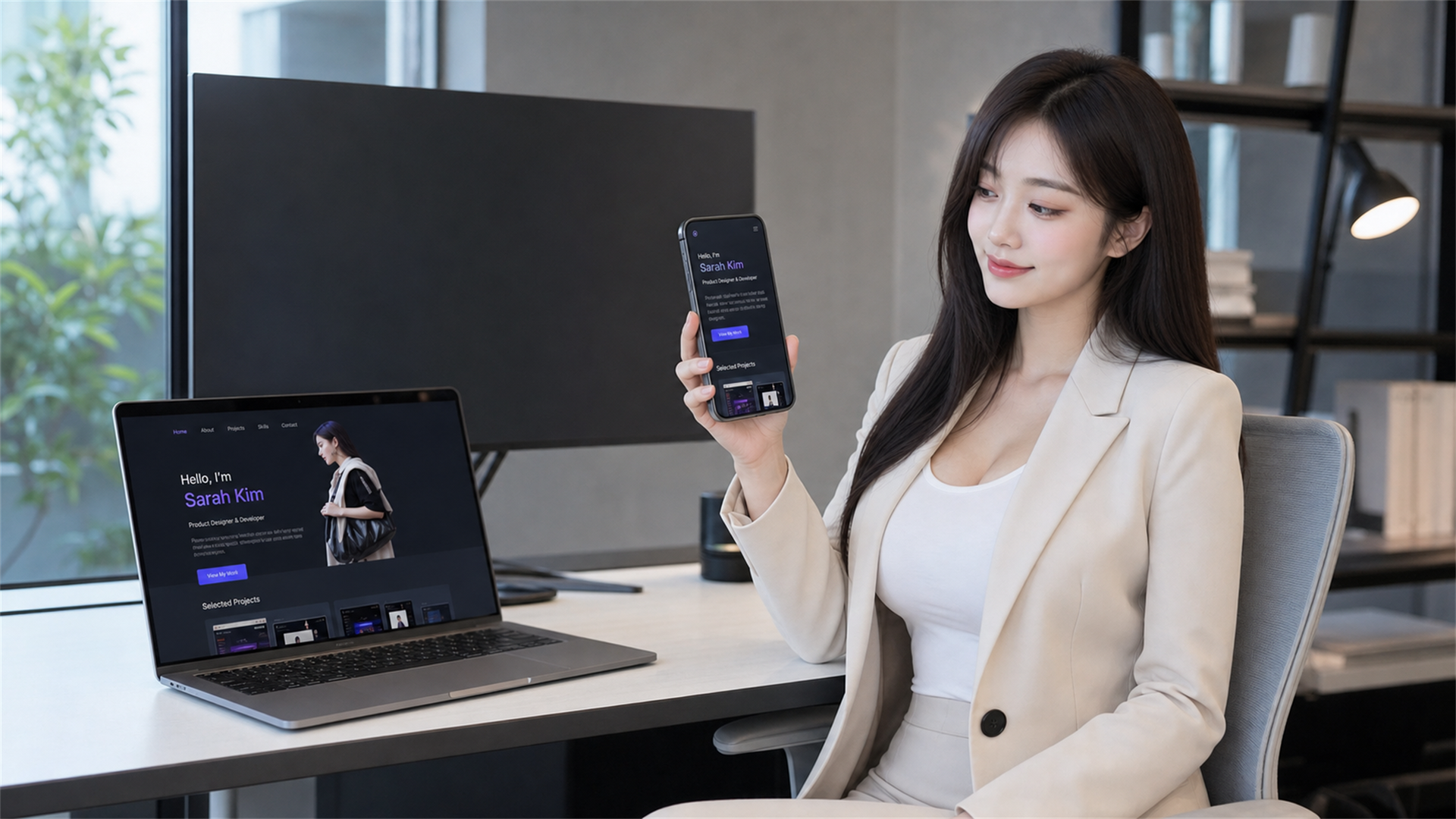안티그래비티로 만든 포트폴리오를 모바일과 노트북으로 확인하는 모습, AI generated