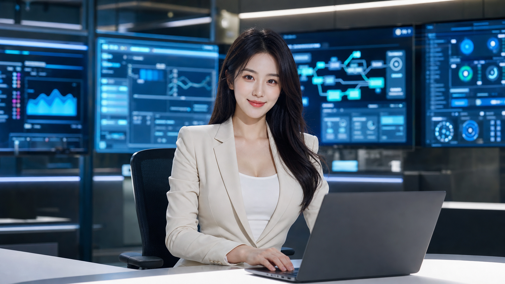 AI 에이전트 대시보드 앞에 앉아 있는 한국 여성, AI generated