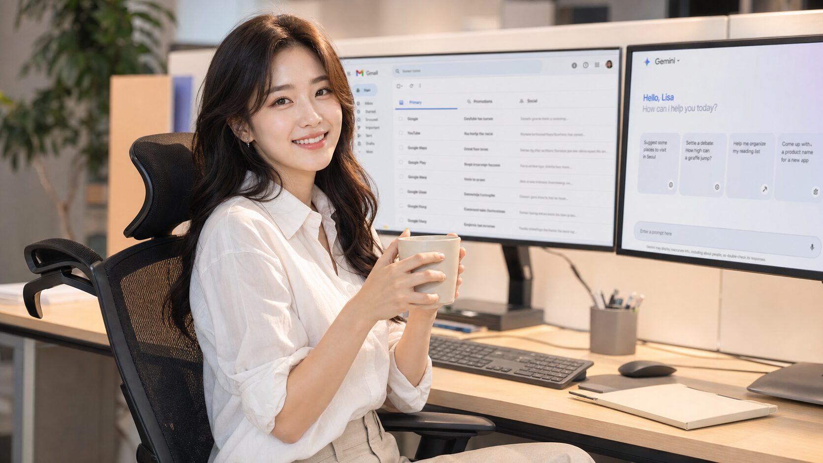 Google I/O 2026에서 공개된 Gemini Spark 에이전트와 함께 일하는 한국 직장인 워크스페이스 — AI generated