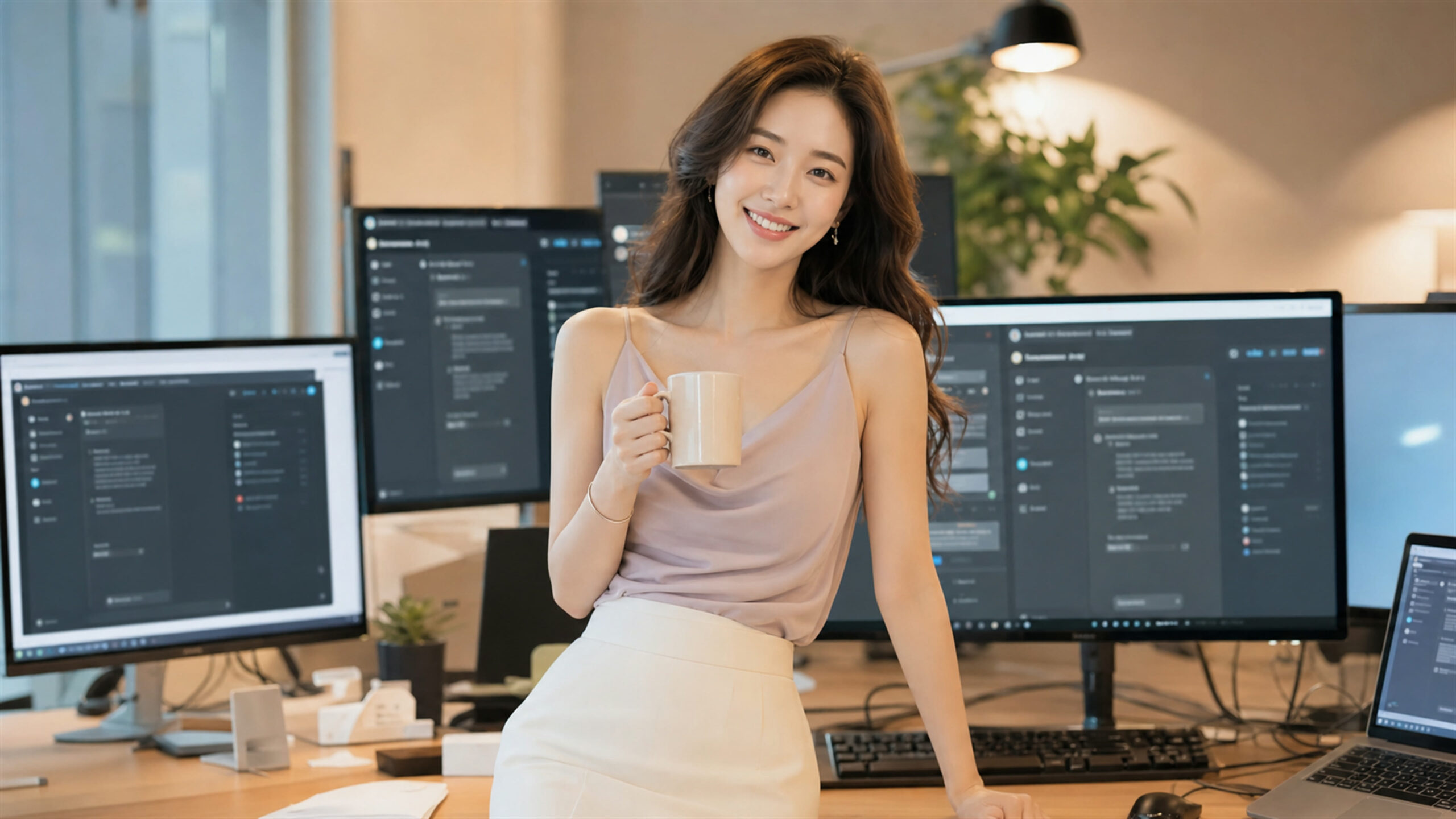 AI 인터페이스 모니터 앞에서 머그컵을 들고 있는 한국 여성, AI generated