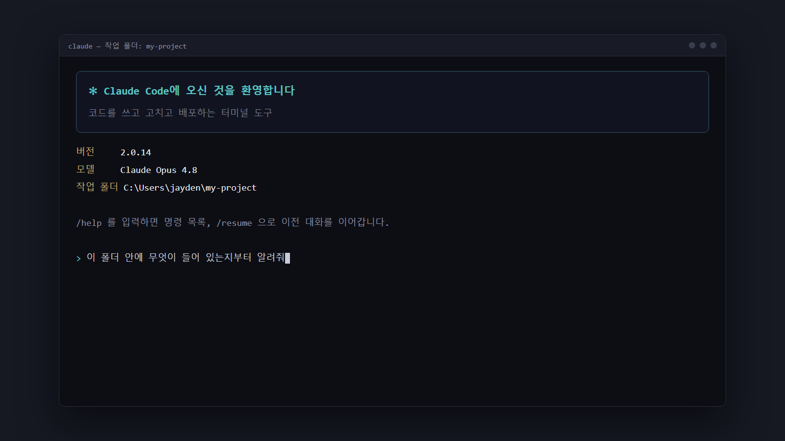 클로드코드 첫 실행 화면 재현, AI generated