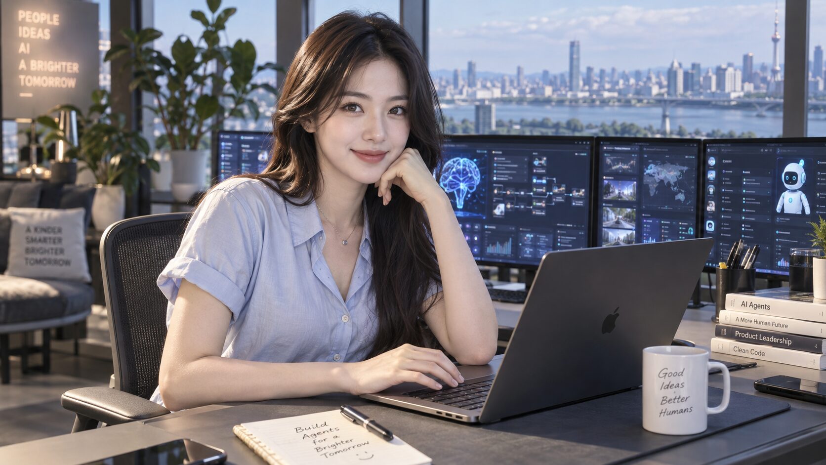 노트북 앞에서 여러 작업 결과를 확인하는 사람, AI generated