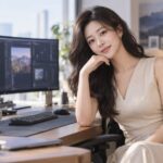 모던 오피스 책상에서 코드 화면 옆에 앉아 미소 짓는 여성, AI generated