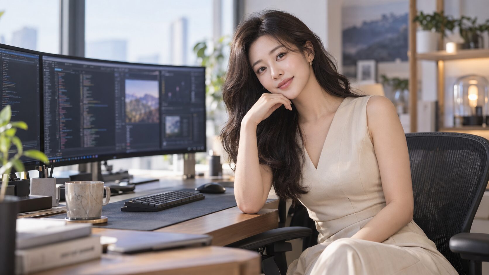 모던 오피스 책상에서 코드 화면 옆에 앉아 미소 짓는 여성, AI generated