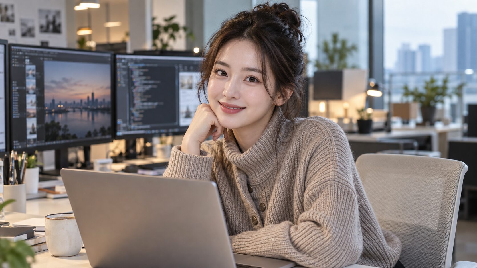 사무실 책상 앞 올림머리 여성과 토프색 단추 카디건, AI generated