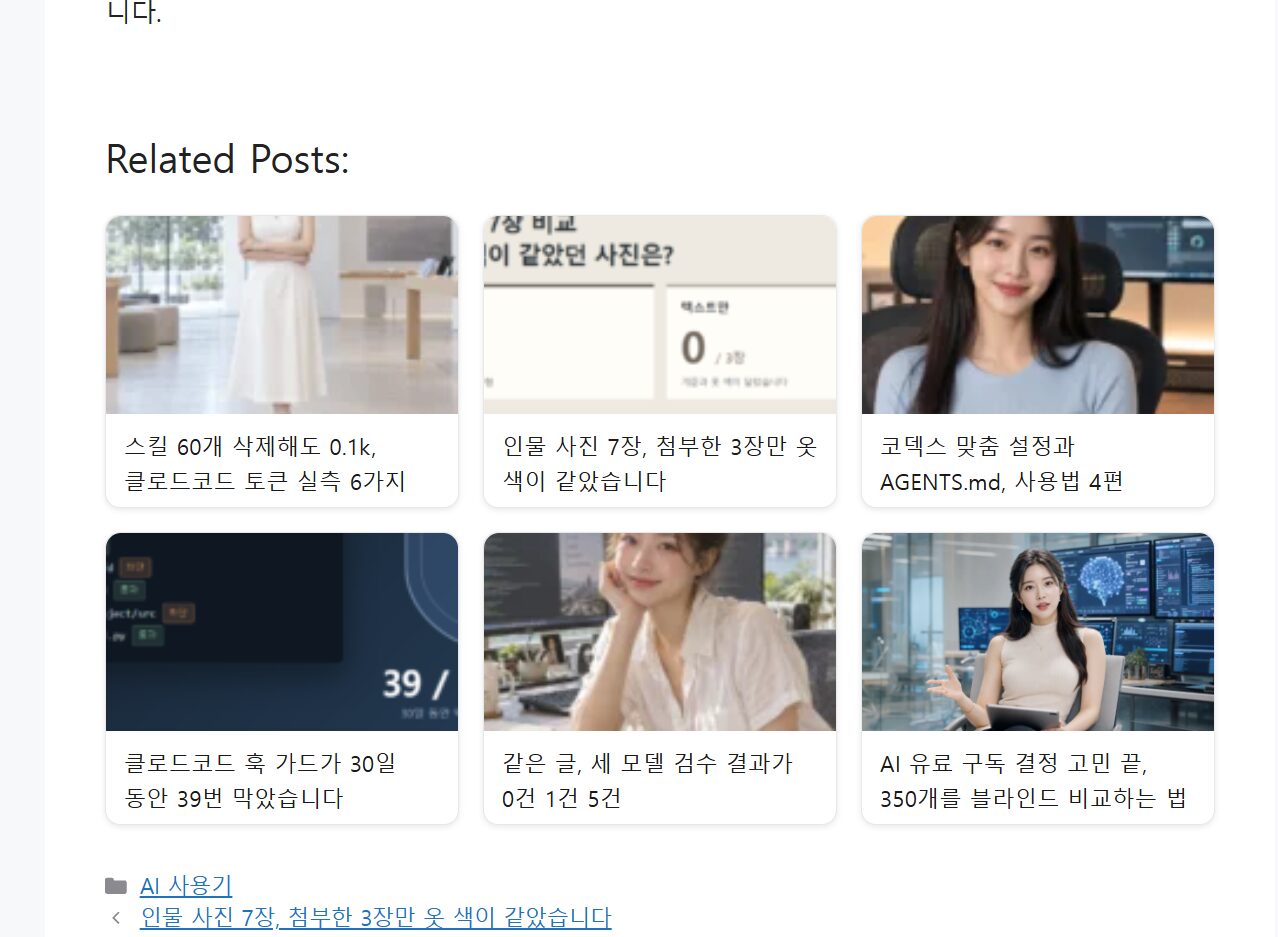 수정 전 관련 글 카드에서 인물 얼굴과 도표 내용이 잘린 사용자 제공 화면