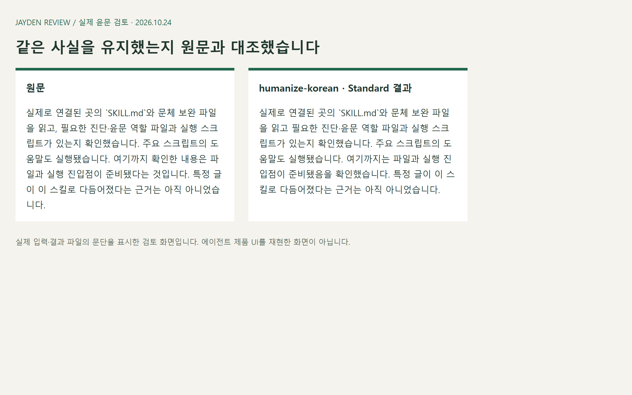 이번 글의 원문과 humanize-korean 윤문 결과를 브라우저에서 대조한 실제 작업 화면