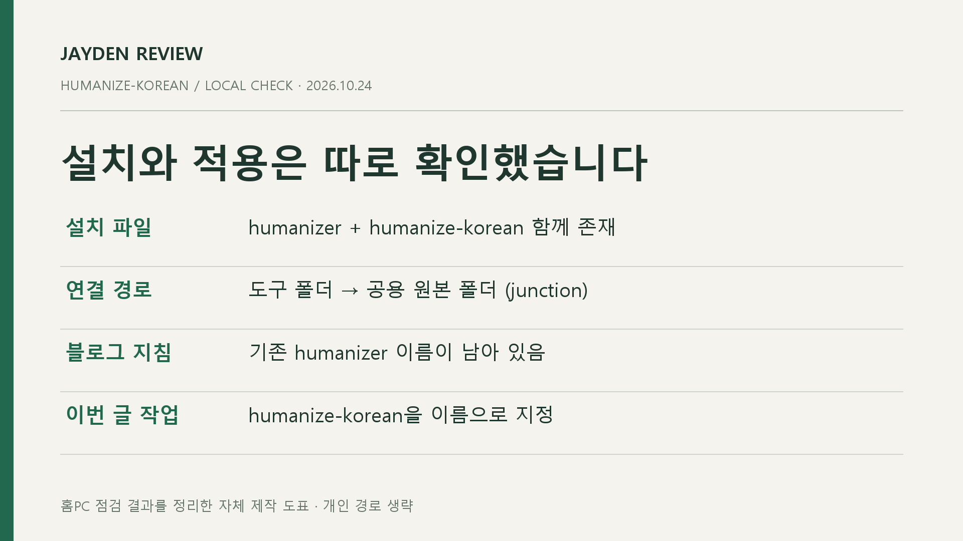 홈PC에 두 스킬이 함께 설치됐고 프로젝트 지침에는 기존 이름이 남은 점검 결과를 정리한 자체 제작 도표